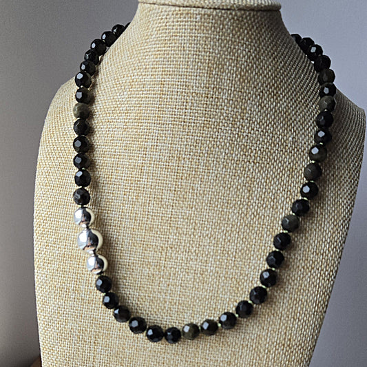 Silver and Shadow Obsidian Bead Necklace