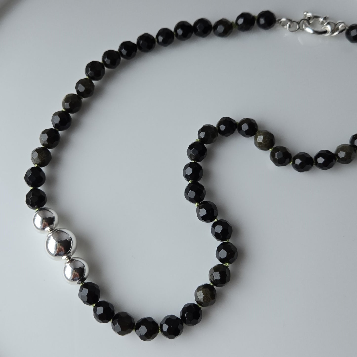 Silver and Shadow Obsidian Bead Necklace