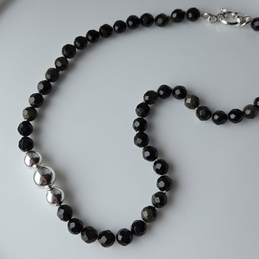 Silver and Shadow Obsidian Bead Necklace